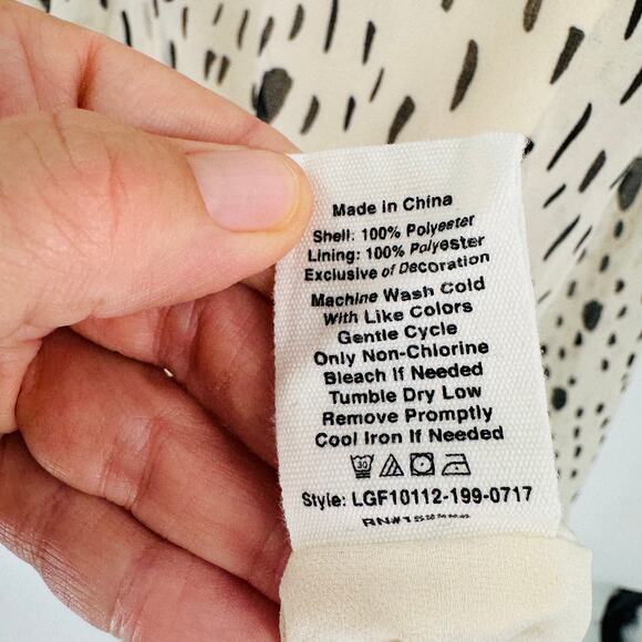 Avec Les Filles Cream Black Dot Ruffle Tie Neck Blouse Size Medium - Picture 6 of 8